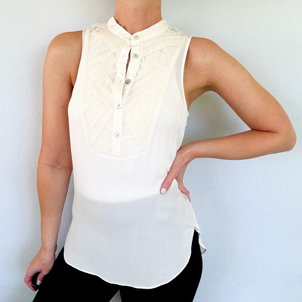Haute Hippie cream white silk sleeveless mesh half button blouse size small
